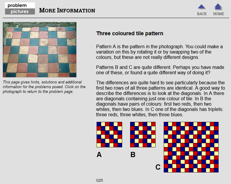 Problem Pictures sample screen - Three coloured tile pattern (information page)